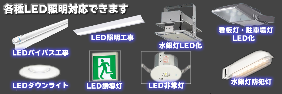 水銀灯、蛍光灯、ダウンライト、防犯灯、誘導灯、非常灯など各種ＬＥＤ化できます